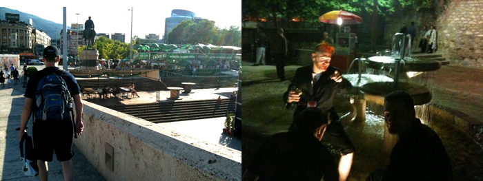 Jonny crosses the bridge in Skopje and hangs out with Todd Various in the fountain.